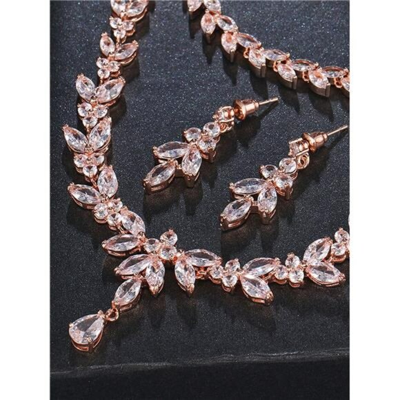 Rose Gold Bridal Jewelry Set 3Pc Rose Gold Rhinestone Necklace Earrings Bracelet - Picture 3 of 5